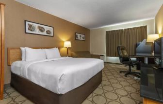 Guest room in Comfort Inn Brandon with double bed and workspace desk and chair.