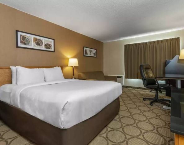 Guest room in Comfort Inn Brandon with double bed and workspace desk and chair.