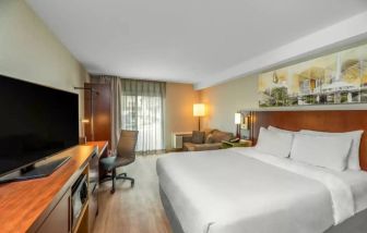 Comfort Inn Winnipeg Airport guest room including double bed and large television.