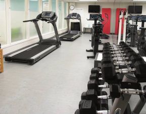 Hotel fitness center complete with rack of weights and various exercise machines.