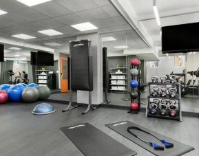 The hotel’s fitness facility, including balls, kettlebells, and assorted machinery.