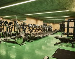 Row of elliptical machines and treadmills in front of a mirror, green floors and wooden walls.
