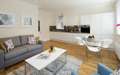 Wider view of the lounge and kitchen area, including sofa, table, and chairs.