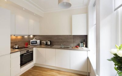The Hammersmith One’s kitchen, including kettle, oven, microwave, and toaster.