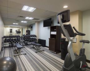 The hotel fitness center, with benches, weights, and various exercise machines.