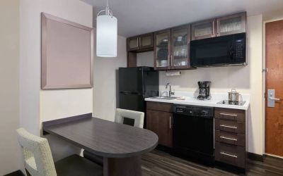 The kitchenette area in a guest room of Candlewood Suites Times Square, including fridge, oven, and microwave.