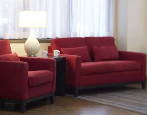 The hotel lobby lounge has comfortable seating and is brightly lit.