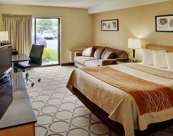 Double bed guest room in the Comfort Inn Fredericton, with large window and TV.