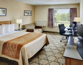 Comfort Inn Fredericton guest room featuring double bed and a workspace desk and chair.