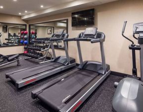Hotel fitness center, with both weights and exercise machines for guests to use.