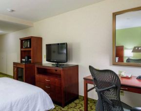 Hilton Garden Inn Queens/JFK Airport guest room with large bed and a workspace desk and chair.