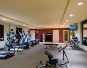 The hotel fitness center has racks of weights and assorted exercise machines.