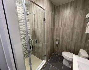 Ensuite bathroom facilities at King Hotel Brooklyn, including lavatory, shower, and sink.