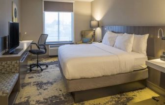 Delux king bed with TV and business desk at Hilton Garden Inn Pittsburgh Airport.