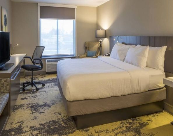 Delux king bed with TV and business desk at Hilton Garden Inn Pittsburgh Airport.