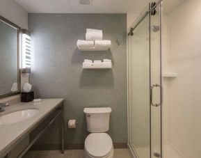 Private guest bathroom with shower at Hilton Garden Inn Pittsburgh Airport.