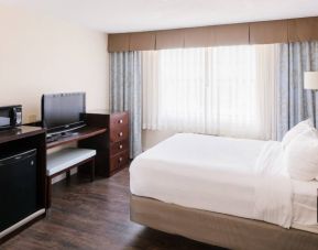 Guest room in Rodd Royalty, with bed, large TV, and big windows.