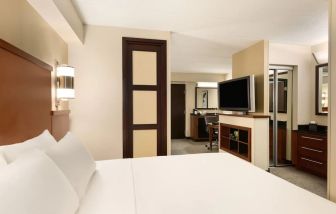 Delux king bed with TV and business desk at Hyatt Place Baltimore/Owings Mills.