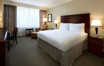 Spacious king bedroom with TV and work station at Hyatt Regency Houston West.