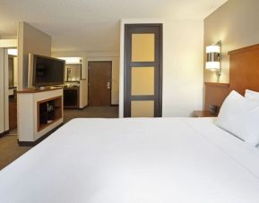 Delux king bed with TV and business desk at Hyatt Place Chicago/Hoffman Estates.