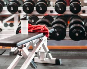 The hotel fitness center, with bench and wide selection of weights.