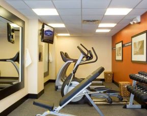 The hotel fitness room, which has rows of weights and assorted exercise machines.