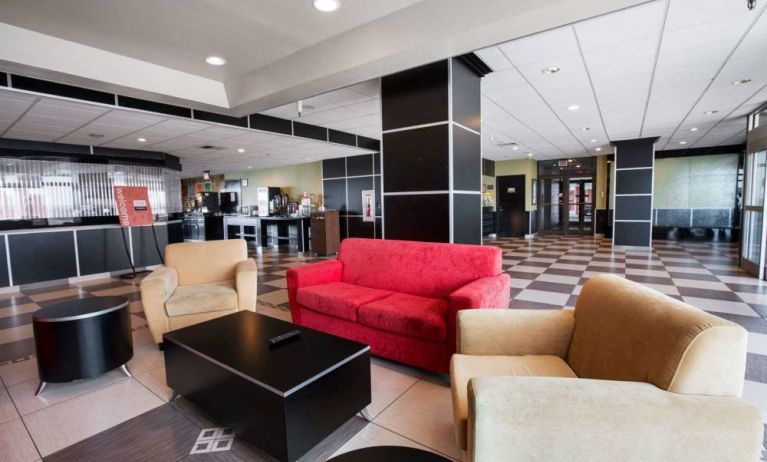 Lobby and coworking lounge at Travelodge Absecon Atlantic City.