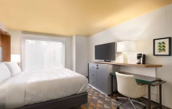 Comfortable king bed with TV and work station at Holiday Inn Houston Intercontinental Airport.