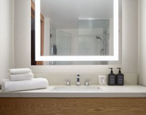 Guest bathroom with shower at Sheraton Montreal Airport Hotel.