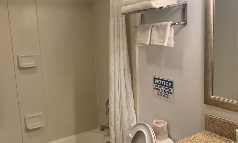 Guest bathroom with shower and tub at Sky Hotel Flushing - Laguardia Airport.