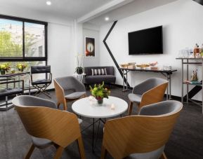 Comfortable lobby and coworking space at Hotel Studio Allston.