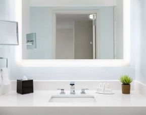 Well-lit guest bathroom with shower at Courtyard Boston Cambridge.