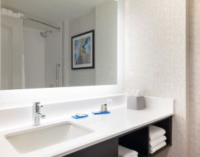 Guest bathroom with shower at Holiday Inn Express & Suites Boston-Cambridge.