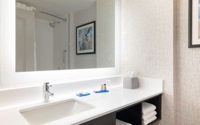 Guest bathroom with shower at Holiday Inn Express & Suites Boston-Cambridge.