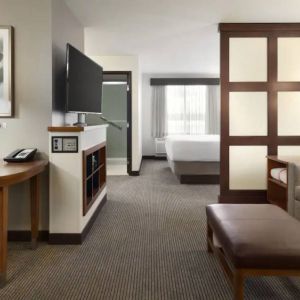 Living area inside day use room at Hyatt Place Portland Airport At Cascade Station.