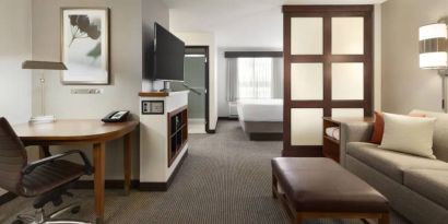 Living area inside day use room at Hyatt Place Portland Airport At Cascade Station.