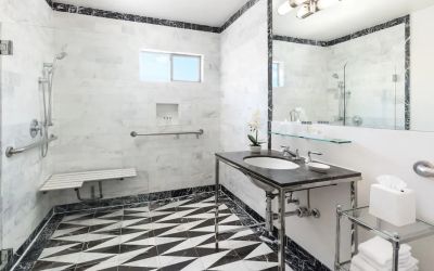 Guest bathroom with shower at Maison 140 Beverly Hills.