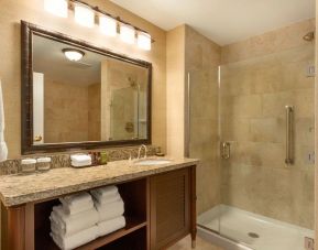 Private guest bathroom with shower at Embassy Suites By Hilton Savannah.