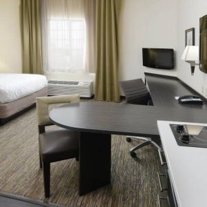 Day use room with work desk and kitchen at Candlewood Suites Odessa.