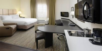 Day use room with work desk and kitchen at Candlewood Suites Odessa.