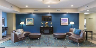 Lobby and coworking lounge at Candlewood Suites Odessa.