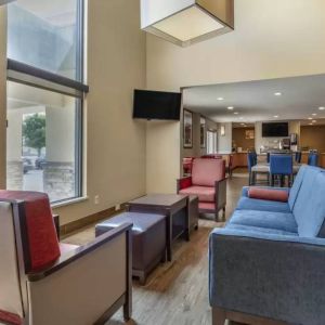 Lobby and coworking lounge at Comfort Inn & Suites Albuquerque Downtown.