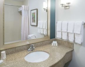 Guest bathroom with shower at Hilton Garden Inn Dothan.
