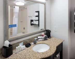 Guest bathroom with shower at Hampton Inn & Suites Gainesville-Downtown.