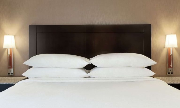 Delux king room with natural light and plush bedding at Embassy Suites By Hilton Arcadia Pasadena Area.
