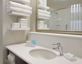 Guest bathroom with shower at Hampton Inn & Suites Rosemont Chicago O'Hare.