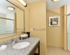 Guest bathroom with shower at Hampton Inn Iowa City/University Area.