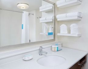 Guest bathroom with shower at Hampton Inn Dallas-Irving-Las Colinas.