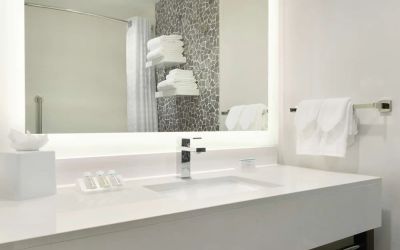 Guest bathroom with shower at Hilton Garden Inn Calgary Downtown.