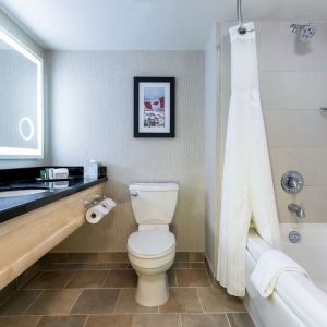 Guest bathroom with shower and bath at Hilton Whistler Resort & Spa.